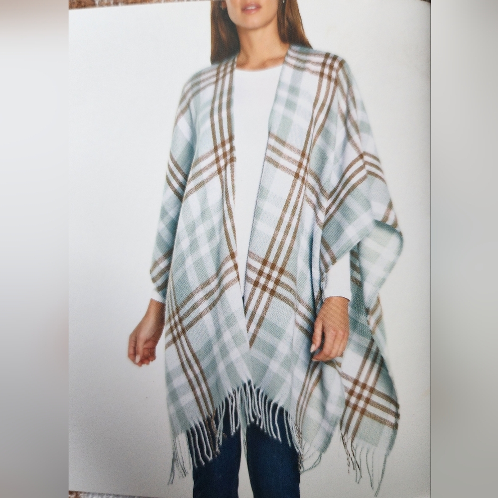 NWT Three Dots Cashmere Blend Wrap - Gray and Brown Plaid